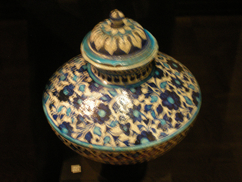 lidded pottery with floral decoration