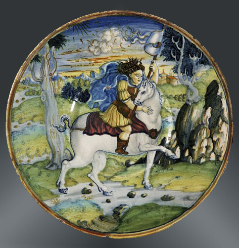 Italian majolica plate depicting a horseman