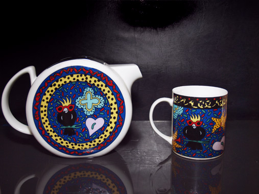 Teapot and mug inspired by Australian Aboriginal dot painting