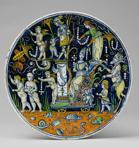 Roundel with mock Triumph of Love,majolica plate