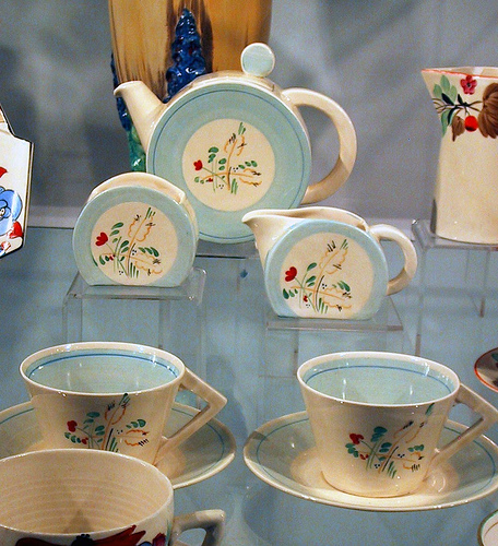 Claire Cliff tea set - cream and pale blue colour - teapot, creamer, sugar bowl, teacups