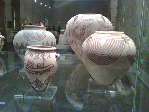 Four Egyptian pots with surface decorations