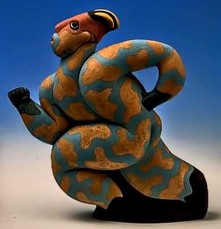 Blue-and-Yellow-Running-Man ceramic teapot sculpture---Tony-Bennett