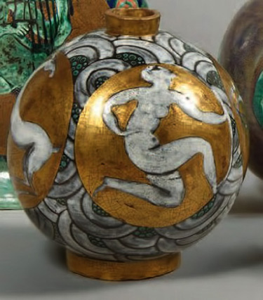 Edouard Cazaux spherical ceramic Jazz Age vessel in gold-white and grey