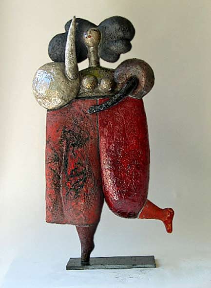 raku lady in baggy red pants hopping by Roger Capron