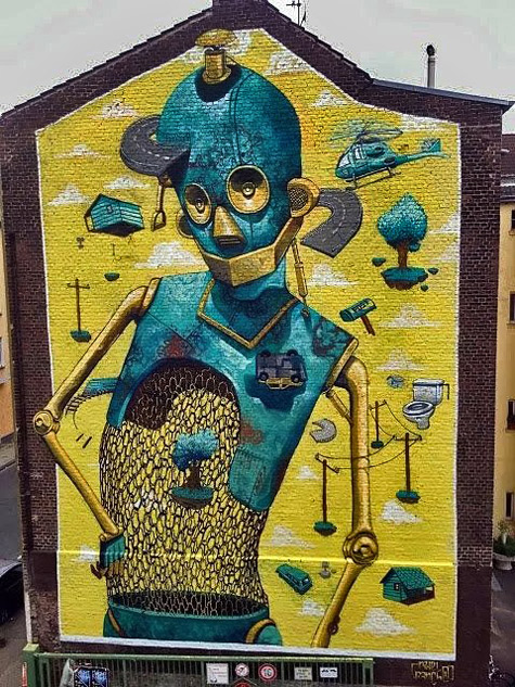 Pixel-Pancho street mural - emerald green and yellow robot figure wall mural art