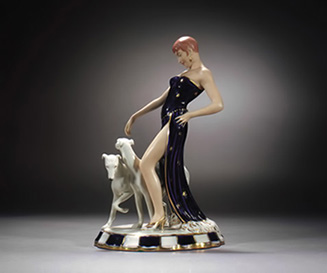 Royal-Dux-figure-37cm Art Deco lady in a black gown walking two white greyhounds