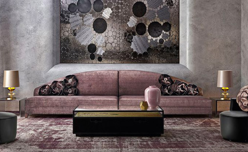 SICIS-Milan-showroom with long mushroom pink sofa and large ceramic mural mosaic