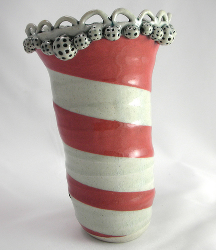 pink striped ceramic vase
