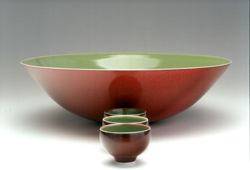 Porcelain bowl, Green celadon with red copper glaze