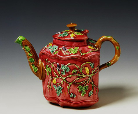 English Staffordshire red teapot with botanical green leaf decoration