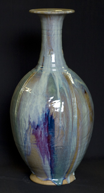 David Fry-Vase with a beautiful pale chun glaze and a splash of cooper red, with combed and drawing work beneath.