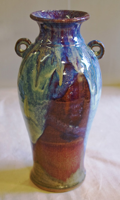twin handled vase with overlaid glaze by David Fry