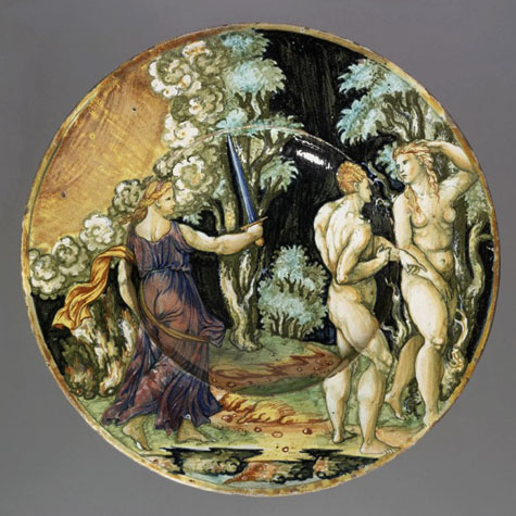 Dish with an angel driving Adam and Eve from the Garden of Eden. Lustred in golden and ruby lustre.