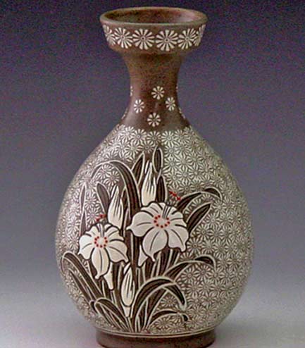 pottery-bottle-with-buncheong-inlaid-white-lily-design-antique-alive