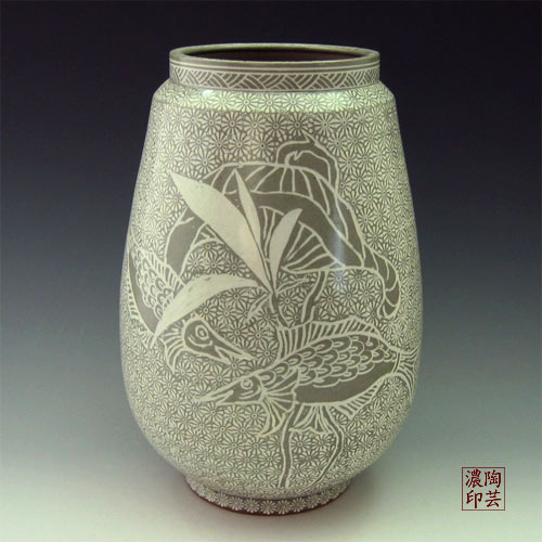  Pottery Vase Buncheong Gray with Inlaid Lotus and Fish Design