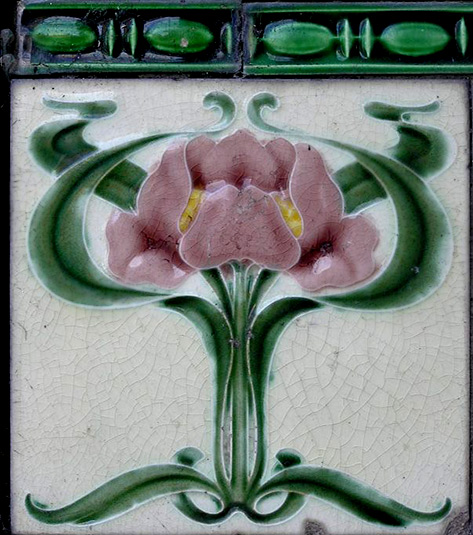 French Art Nouveau Ceramic Tile with pink flowers and symmetrical layout