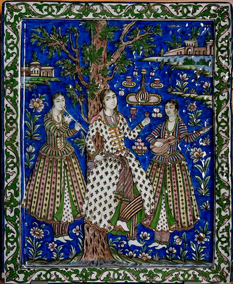 Qajar-Ceramic Art-Tile A girl listening to two female musicians