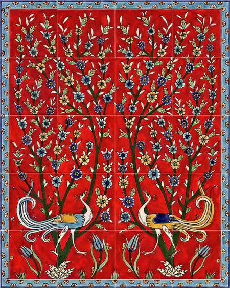 red_backsplash_birds ceramic tiles Eastern mughal style