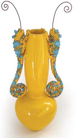 Yellow baluster vase with turquoise lizard handles by Mirta Morigi
