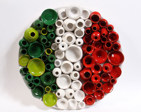 Modernist ceramic wall art in red, green and white stripes - Mirta Mogigi