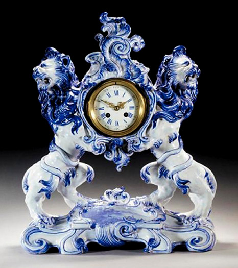 1895 Ceramic Clock Sothebys Pair of blue and white lions