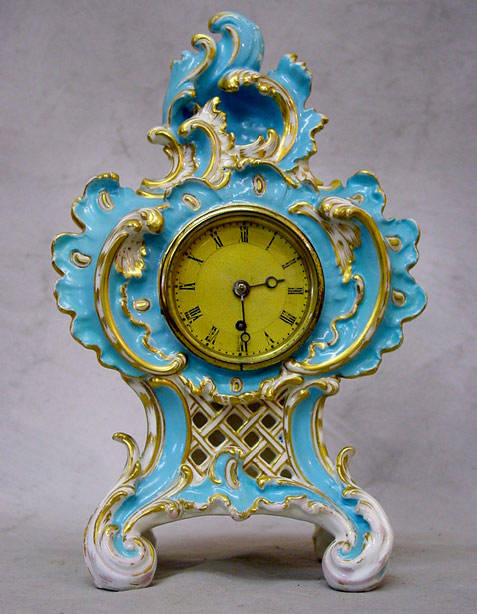  English Coalbrookdale porcelain clock rococo turquoise mantle time piece