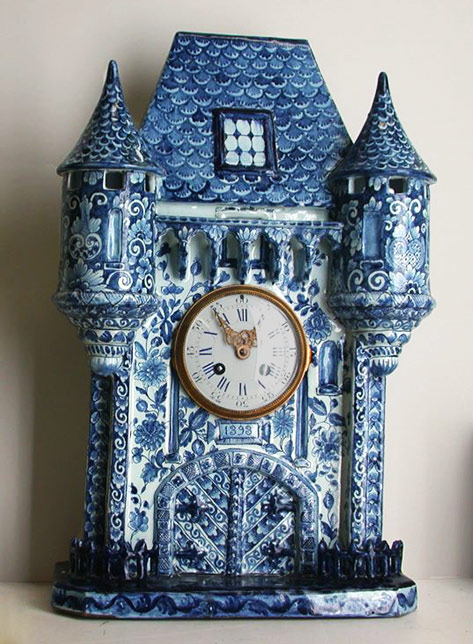 blue and white porcelain castle clock with twin towers