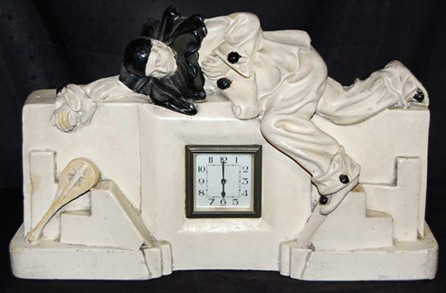 Art Deco Clown Jester Clock in black and white porcelain