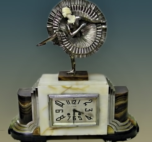 DECO-MARBLE-CHROME-1920'S-FLAPPER-CAN-CAN-DANCER-FRENCH-CLOCK-ARMAND-LEMO-KEY