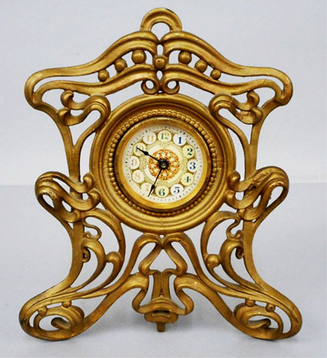 Gilded iron Art Nouveau clock, painted dial,-Made-in-U.S.A