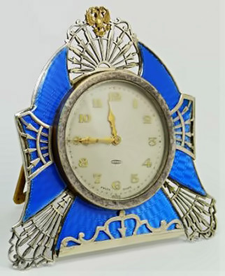 Russian silver and blue guilloche clock