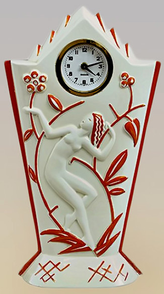 Art-deco clock,-Germany-,-20s naked dancing lady red on white porcelain