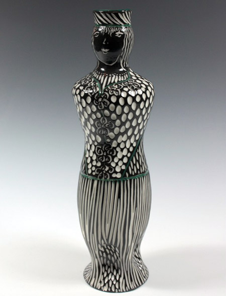 Shoshona Snow black and white female sgraffito figure vase or decanter