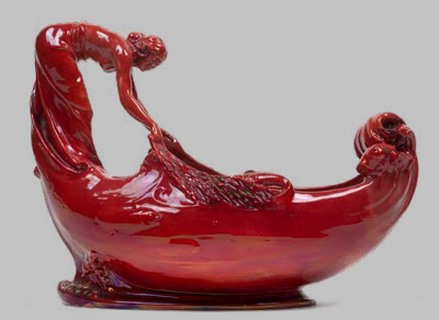 Art Nouveau red glaze vessel with female figure by Zsolnay