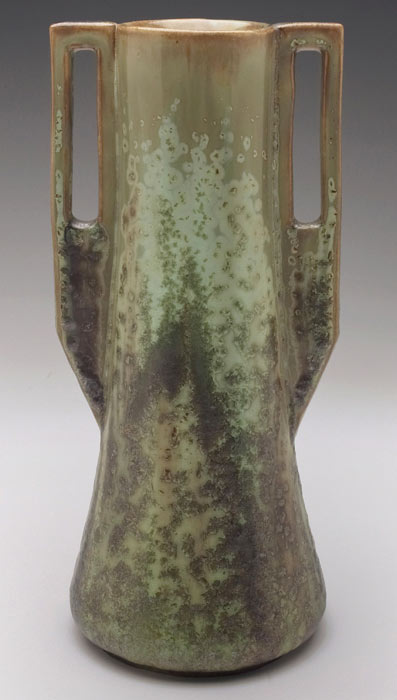 Fulper vase, large double handled form, cucumber crystalline glaze.