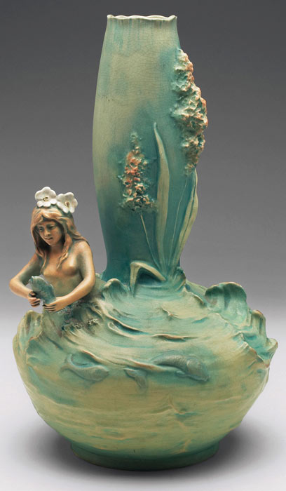  Bernard Bloch vase, Art Nouveau design with naked nympth figure and long neck