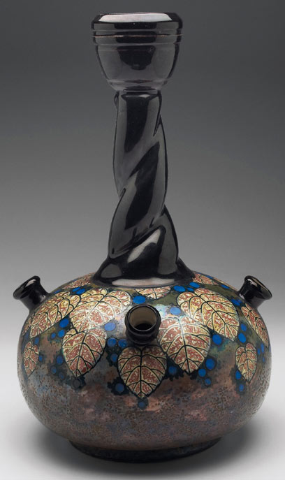 Amphora vase, monumental shape with, boldly painted stylized leaves and berries, overall iridescence. 