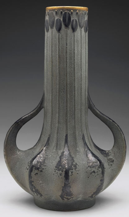 Paul Dachsel Art Nouveau Vase in grey and black glaze and stylish twin handles