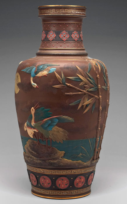 Mettlach Vase with bamboo and birds surface decoration