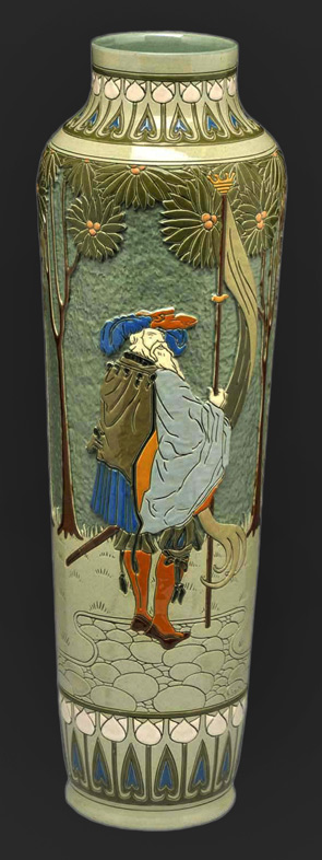 Extremely-rare-Roseville-8-color-Della-Robbia-vase-designed-by-Frederick-Hurten-Rhead-(1880-1942),-20-in.-tall,-$10,800.-Morphy-Auctions-image