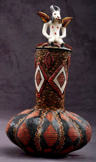 Goat Basketing Vessel made by Ardmore - goat figurine lid in black, red anmd white