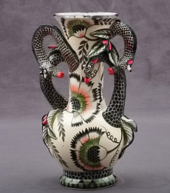 Ardmore baluster vase with giraffe handles in black, red, green