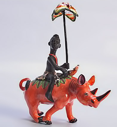 Red Rhino-Rider-London----Ardmore-Ceramic-Art- African boy with umbrella riding a red rhinocerous