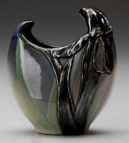 Rockwood Vase 1900 in a black and olive green glaze