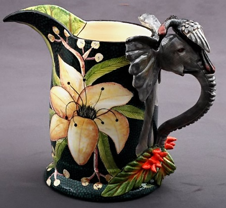 Ardmore Elephant Jug African Pottery with large white flower motif and elephant handle