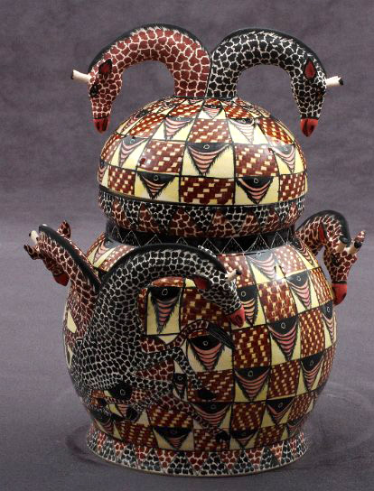 Ceramic Lidded Giraffe Tureen by Ardmore with 4 giraffe handles and 2 giraffes on the lid in black, red and yellow