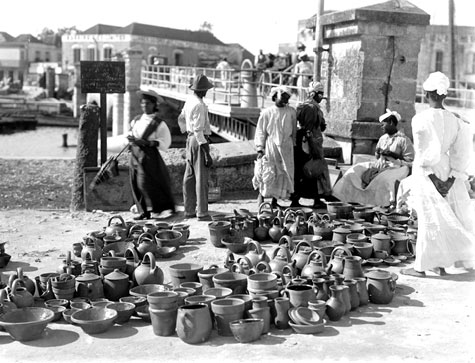  1908: pottery for sale at Chamberlain Bridge, Bridgetown, barbados.