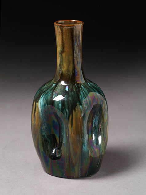 Linthorpe Pottery earthenware vase with streaked, lustrous glaze. Designed by Christopher Dresser