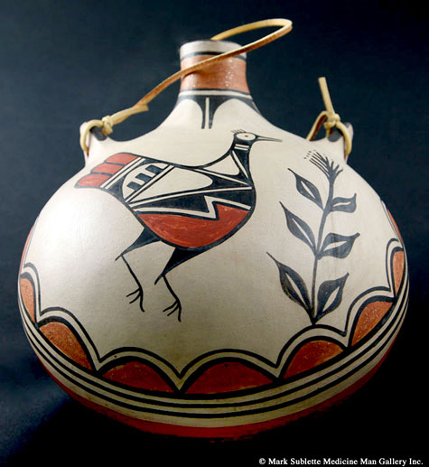Robert Tenorio ceramic canteen with bird motif an black and red on white